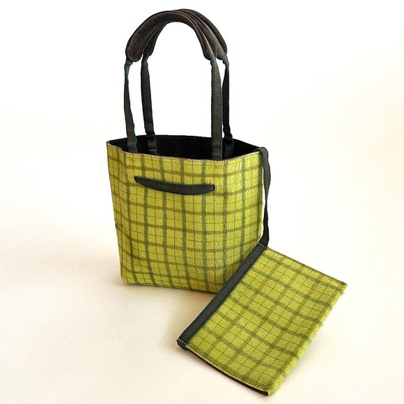 MIU MIU Green Plaid Pony Hair Leather Mini Tote Bag with Coin Card Holder - Picture 4 of 15